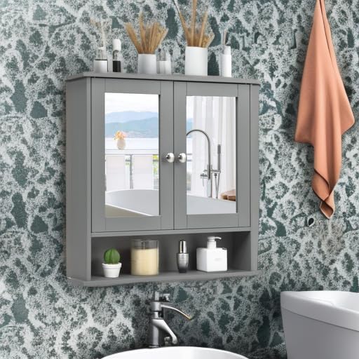 COSTWAY Bathroom Cabinet Wall Mount, Wooden Medicine Cabinet with 2 Mirror Doors, Adjustable Shelf, Open Compartment, for Laundry, Living Room, Kitchen, Gray