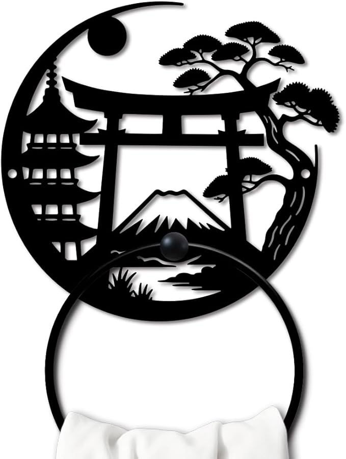 MAYJOYDIY Japanese Metal Towel Ring Round Fujisan Scenery Hand Towel Holder Torii Gate Ring Hanger Wall Mount Black Vintage Towels Wall Organizer for Kitchen Bath Home Laundry Room Decors Gifts