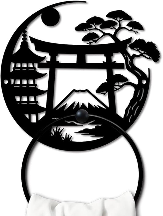 MAYJOYDIY Japanese Metal Towel Ring Round Fujisan Scenery Hand Towel Holder Torii Gate Ring Hanger Wall Mount Black Vintage Towels Wall Organizer for Kitchen Bath Home Laundry Room Decors Gifts