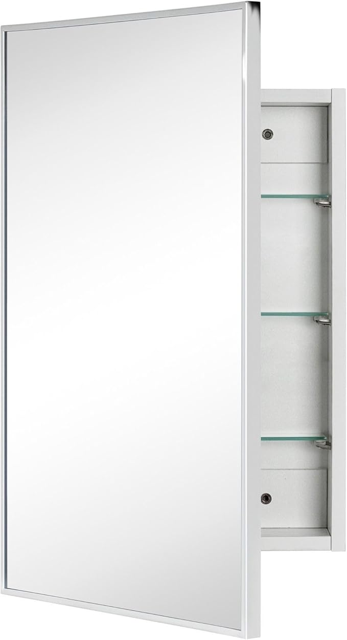 TEHOME 17.5'' x 29'' Chrome Recessed and Surface Mount Bathroom Medicine Cabinet with Mirror Square Cornered Metal Framed Rounded Rectangle Medicine Cabinet Mirror