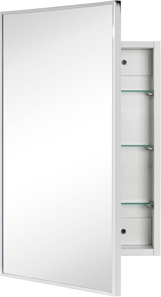 TEHOME 17.5'' x 29'' Chrome Recessed and Surface Mount Bathroom Medicine Cabinet with Mirror Square Cornered Metal Framed Rounded Rectangle Medicine Cabinet Mirror