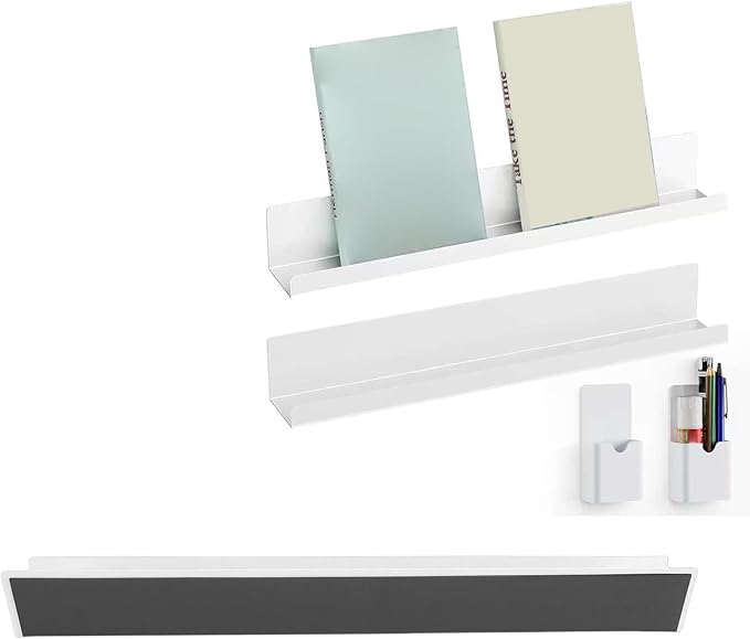 Pssopp Magnetic Wall Shelf, No Drill Carbon Steel Floating Picture Shelf for Bathroom Living Room Bedroom (White)