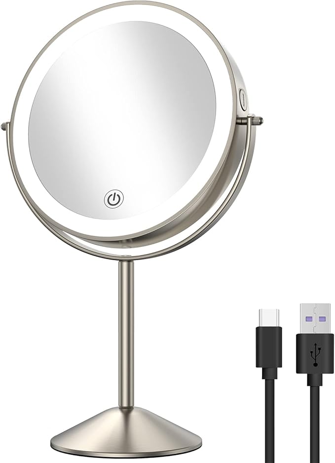 Gospire 8" Lighted Makeup Mirror with Magnification 10X/1X, 3 Color Lights & Dimmable Lighting, 360° Rotation Double Sided Rechargeable Cordless Vanity Cosmetic Standing LED Mirror for Makeup