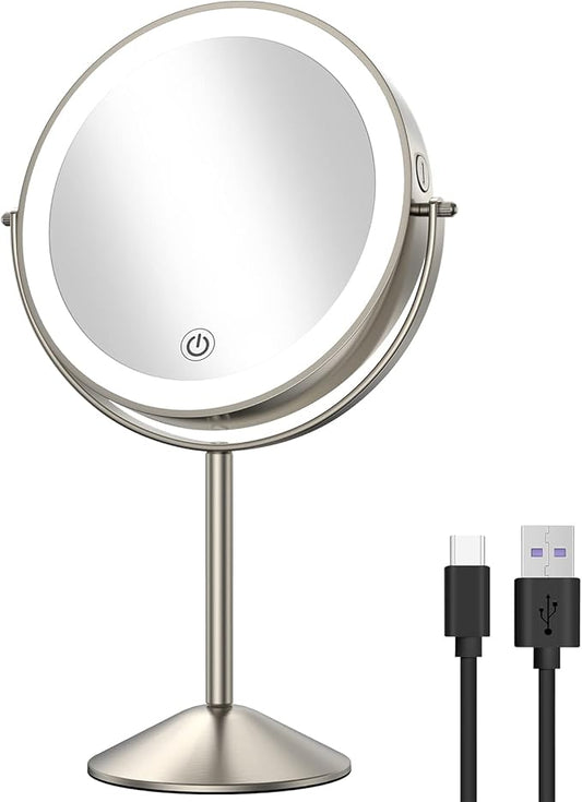 Gospire 8" Lighted Makeup Mirror with Magnification 10X/1X, 3 Color Lights & Dimmable Lighting, 360° Rotation Double Sided Rechargeable Cordless Vanity Cosmetic Standing LED Mirror for Makeup