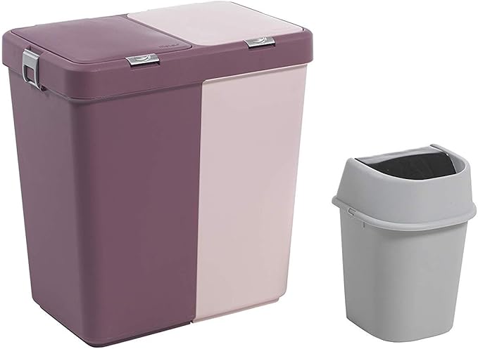 Mabel Home Plastic Laundry Hamper with Lid, 2 sections, Large Laundry Basket – Extra Trash Bin (1,6 Gallons) inc. (Pink-Purple)
