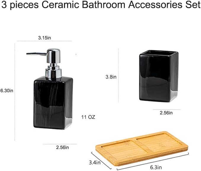Black Soap Dispenser and Toothbrush Holder with Tray,Ceramic Bathroom Accessories Set Modern Decor Bath Set,Countertop Organizer