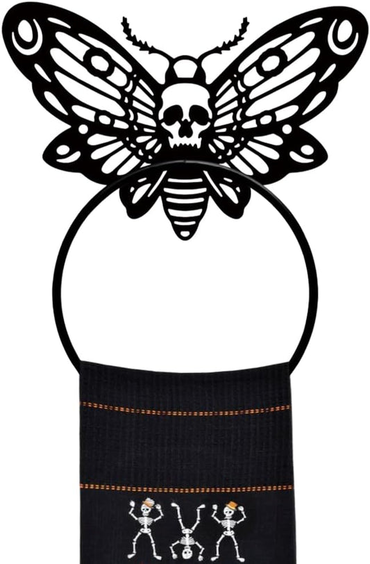 MAYJOYDIY Death Head Moth Metal Towel Ring Halloween Skeleton Insects Towel Holder Bath Towel Ring Black Art Towel Rack for Bathroom Kitchen Towel Hanger Home Decors Gift