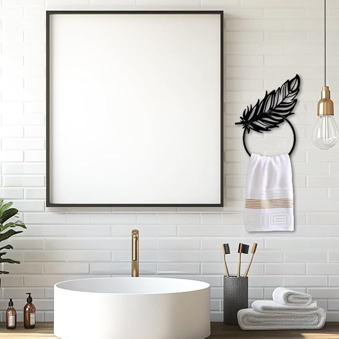 MAYJOYDIY Feather Metal Towel Ring Large Fantasy Feather Towel Holder for Wall Animal Feather Wall Decor Towel Hanger Black Art Towel Rack Wall Mounted for Bathroom Kitchen Home Decors Gift