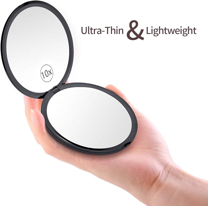 Gospire 4" Ultra-Thin Pocket Makeup Mirror for Travel, 1X/10X Double Sided Magnifying Portable Compact Handbag Handheld Round Foldable Cosmetic Mirror for Women (Black)