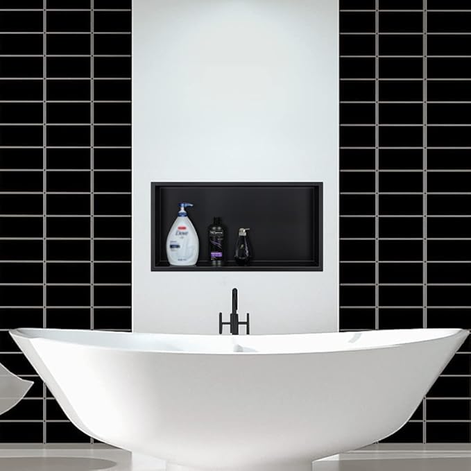 Neodrain Shower Niche, Insert Bathroom Storage Shower Shelf, Stainless Steel Recessed Wall Niche No Tiled Recessed Cabinet Waterproof for Shower Storage(Matte Black,24"x12")