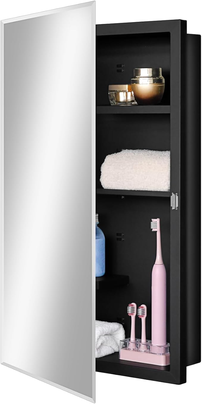 Fundin Black Medicine Cabinet Recessed or Surface Mount, Bathroom Medicine Cabinet with 16 x 26 Beveled Mirror and Adjustable Staggered Shelves