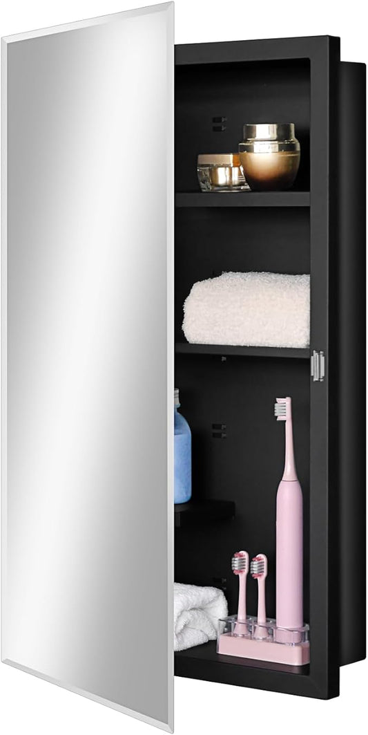Fundin Black Medicine Cabinet Recessed or Surface Mount, Bathroom Medicine Cabinet with 16 x 26 Beveled Mirror and Adjustable Staggered Shelves