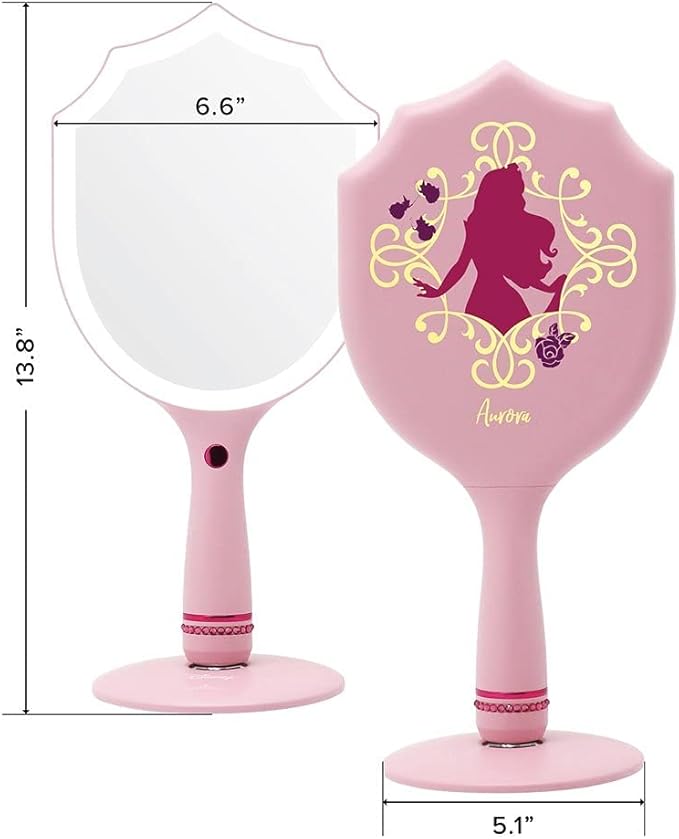 Impressions Vanity Disney Princess Aurora Handheld LED Makeup Mirror, Lighted Hand Mirror with Standing Base, Shimmering Button, and 3 Color Modes for Travel or Bedroom