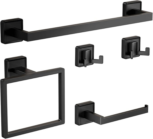 5-Pieces Matte Black Bathroom Hardware Accessories Set, SUS304 Stainless Steel Bath Towel Bar Set, 15.6 Inch Bath Towel Bar Set，Towel Racks for Bathroom Wall Mounted.