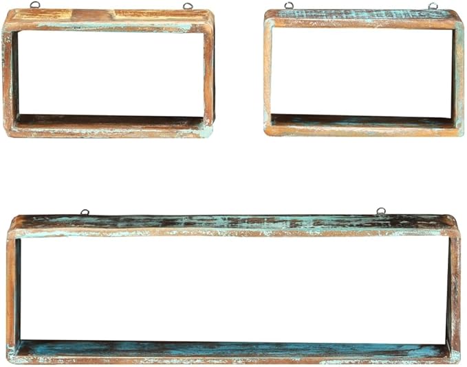 3 Piece Wall Cube Shelf Set, Solid Reclaimed Wood Floating Shelves for Living Room Bedroom, Unique Handmade Decorative Storage for Books Plants Decor