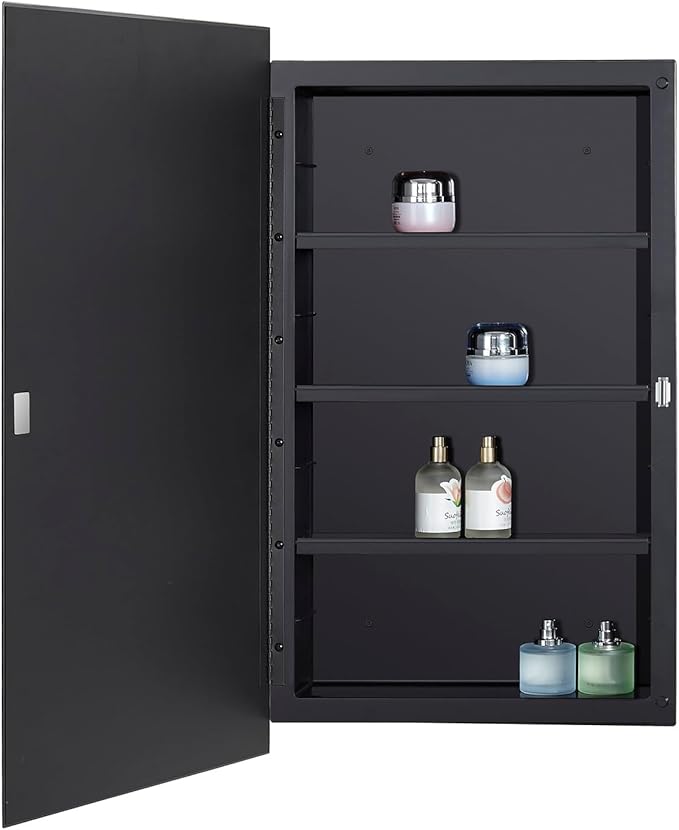 IDYLLOR Black Plastic Medicine Mirror Cabinet for Bathroom with 16 x 28 inch Beveled Edge Mirror, Recessed and Surface Mount