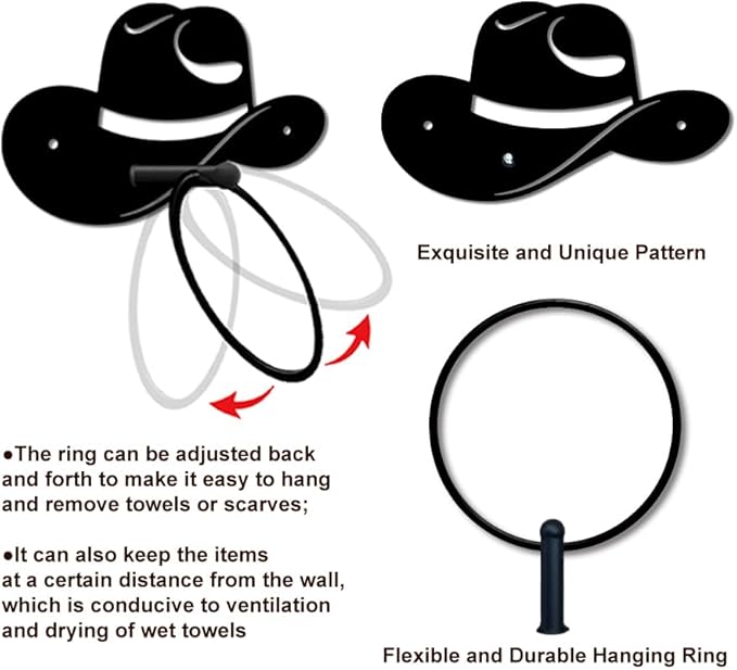 MAYJOYDIY Cowboy Hat Metal Towel Ring Round Hat Hand Towel Holder Ring Hanger Wall Mount Black Vintage Towels Wall Organizer for Kitchen Bath Home Laundry Room Decors Gifts