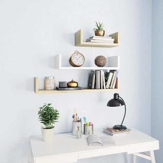 Set of 3 Floating Shelves, White Wall Mounted Storage Shelves for Living Room Bedroom Office, Modern Minimalist Display Shelving Unit, Engineered Wood