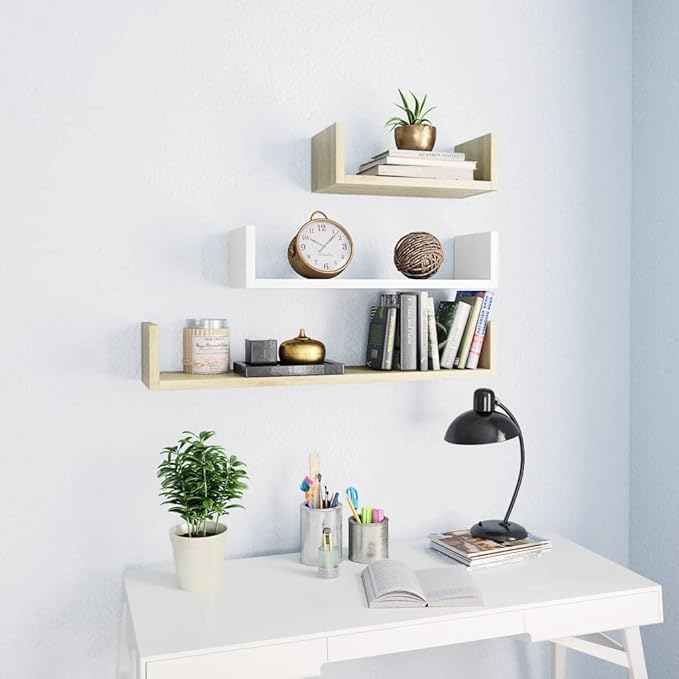 Set of 3 Floating Shelves, Wall Mounted Decorative Shelving for Living Room, Bedroom, and Office, Modern Minimalist Display Ledge, White Engineered Wood