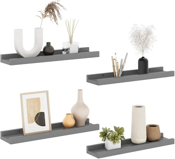 Wall Shelves Set of 4, Gray Floating 15.7x3.5x1.2 Inches for Living Room Bedroom, Modern MDF Storage Shelves for Decor Books Plants, Easy Mount DIY Home Organization
