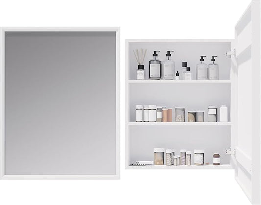 H & A Medicine Cabinet Bathroom Mirror, 28''x22'' Farmhouse Wood Frame Bathroom Medicine Cabinet with Mirror, Vanity Mirrors Recess or Surface Mounted Installation (White-28x22'')