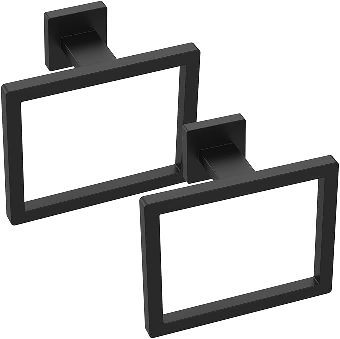Square Towel Ring for Bathroom, Matte Black Hand Towel Holder Wall Mount, Modern Towel Ring for Guest Bath, Black Bathroom Hardware, Towel Rings for Wall, Rust-Proof Finish 2Pcs