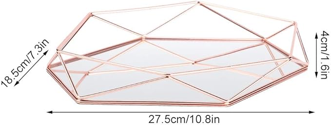 Organizer Tray,Makeup Organizer,Bathroom Sixangle Mirror Metal Gold Cosmetic Jewelry Storage Organizer Tray Box Plate for Makeup Brushes Perfume Lipsticks Nail Polish Makeup Holder(Rose Gold)