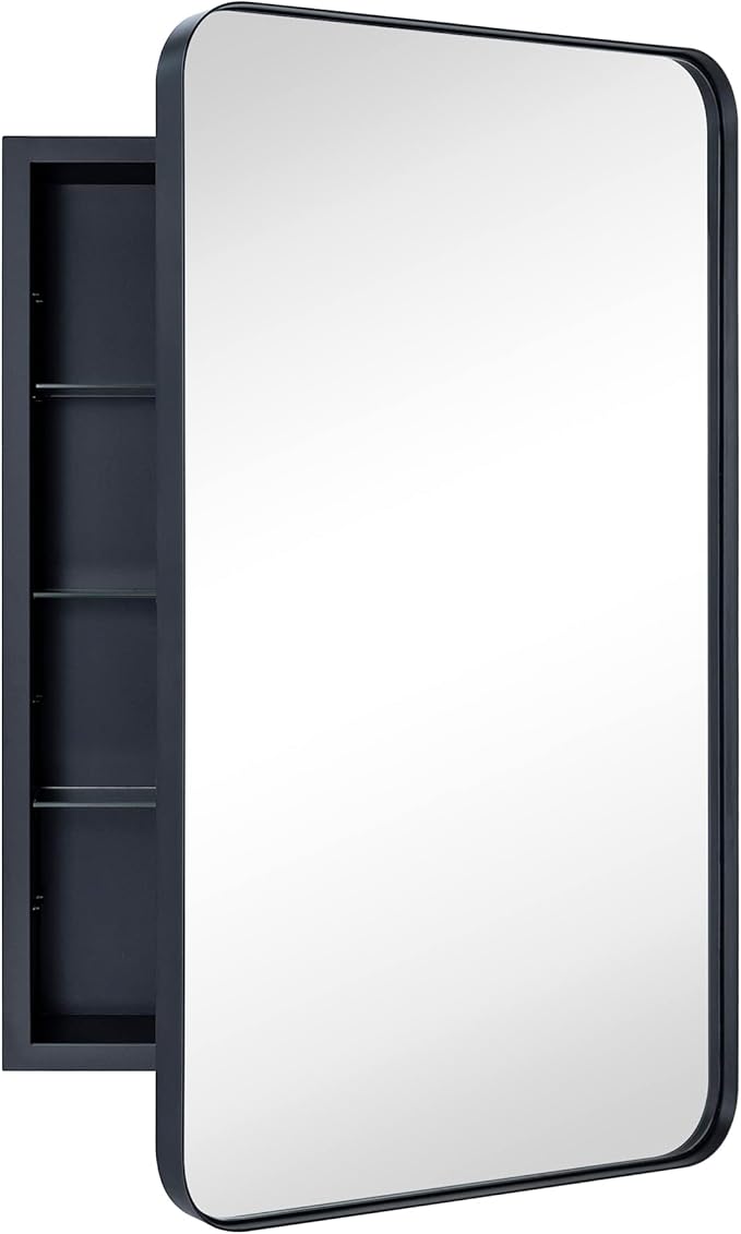 Matt Black Rectangle Recessed Bathroom Medicine Cabinet with Mirror Stainless Steel Metal Framed Rounded Rectangular Bathroom Cabinet with Mirror 20x30''