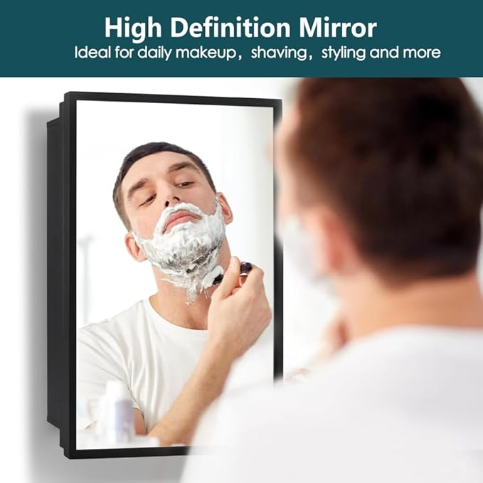 Movo Medicine Cabinet with Mirror, 16 inch x 24 inch Black Metal Framed Recessed Bathroom Medicine Cabinet Wall Mounted with Mirror