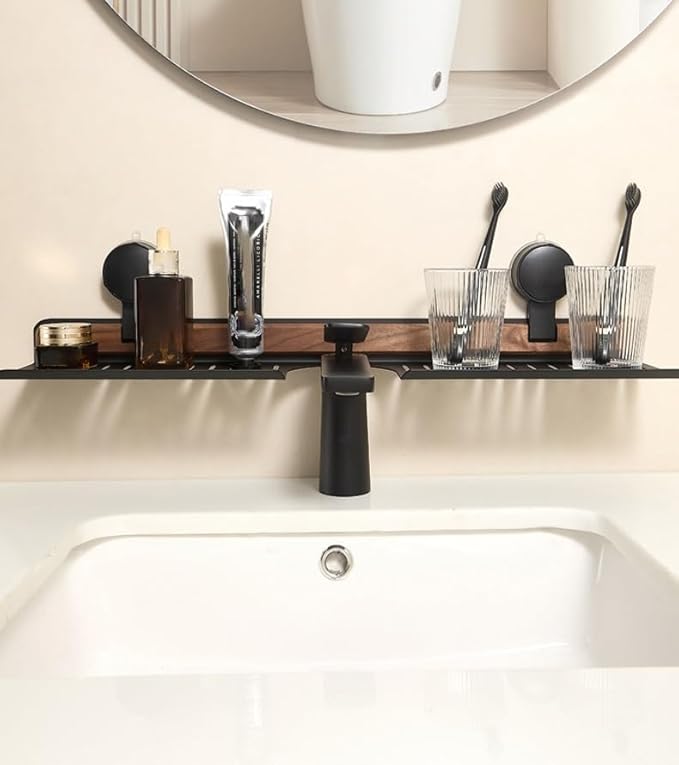 Luxe Sink Suction Organizer, No Drill 20 Inch Bathroom Over Sink Shelf, Adhesive Wall Shelf for Bathroom Storage Organizer, Holds 5lb on Tile/Glass/Mirror, Removable Wood Rack(White 50cm)