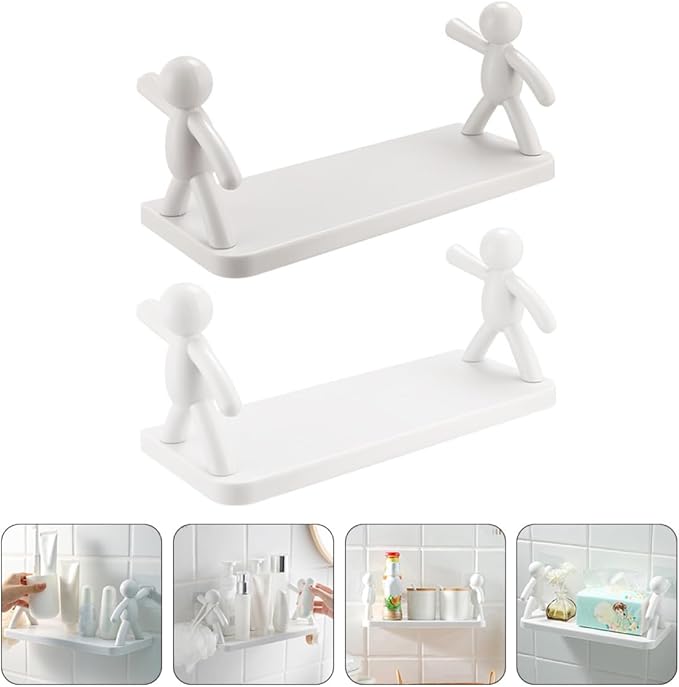 2pcs Wall-Mounted Humanoid Guardrail Storage Shelf Multi-Functional Kitchen and Bathroom Organizer Rack Floating Vanity Shelf for Toiletries and Seasoning Bottles White Gray