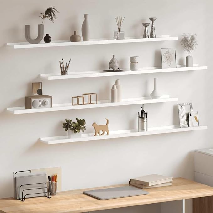 Set of 4 Floating Wall Shelves, 45.3 inch Modern Display Ledge for Living Room, Bedroom, Kitchen, High Gloss White Finish Decorative Storage Organizer