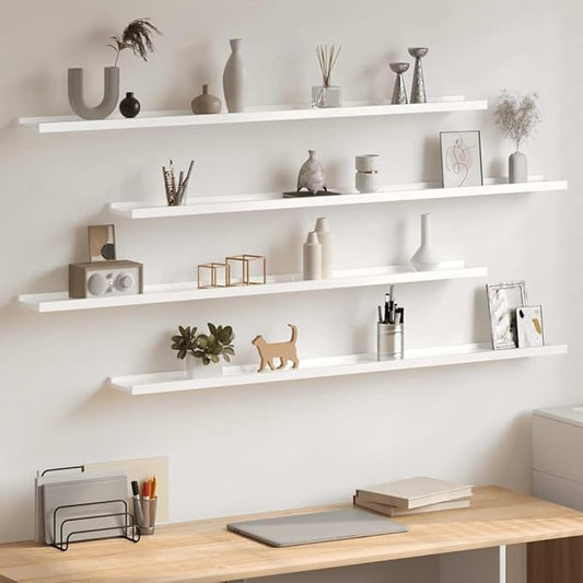 Wall Shelves Set of 4, 45.3-Inch Modern Floating Shelves, High Gloss White Wall-Mounted Display Ledge for Books, Collectibles, and Home Decor