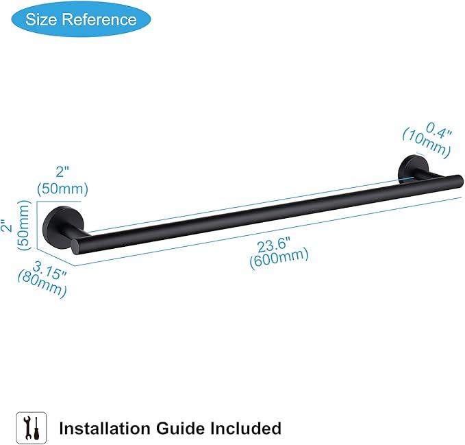 TASTOS 23.6 Inch Bath Towel Bar Matte Black, Premium SUS304 Stainless Steel Round Style Bathroom Heavy Duty Holder, Kitchen Rod, Wall Mount With Screws Rack