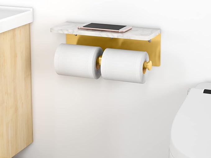 Brushed Gold Toilet Paper Holder with Shelf, New Upgrade Double Toilet Paper Holder with Storage, Marble Roll Toilet Paper Wall Mount for Bathroom Washroom
