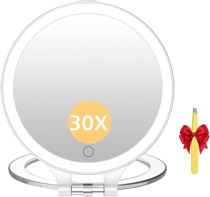 FASCINATE Travel 30X Magnifying Mirror with Light, Lighted Makeup Mirror Double Sided Magnification with 3 Color Setting & Stepless Dimming, Adjustable Rotation Rechargeable LED Vanity Mirror