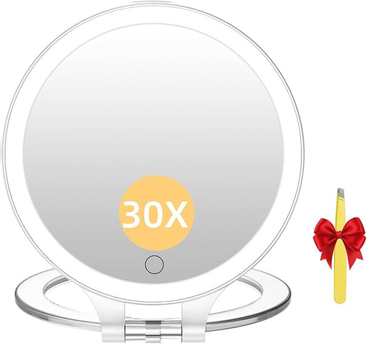 FASCINATE Travel 30X Magnifying Mirror with Light, Lighted Makeup Mirror Double Sided Magnification with 3 Color Setting & Stepless Dimming, Adjustable Rotation Rechargeable LED Vanity Mirror