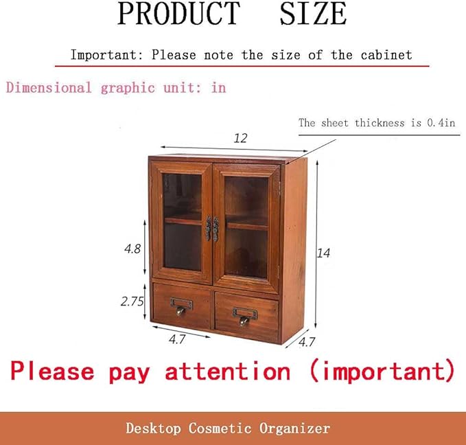 Rustic Vintage Mini Pine Counter Top Cabinet - 12" L x 4.7" W x 14" H with 2 Doors & 2 Drawers, Antique Apothecary Spice Cabinet for Kitchen, Bathroom, Office Organization & Storage(Brown)