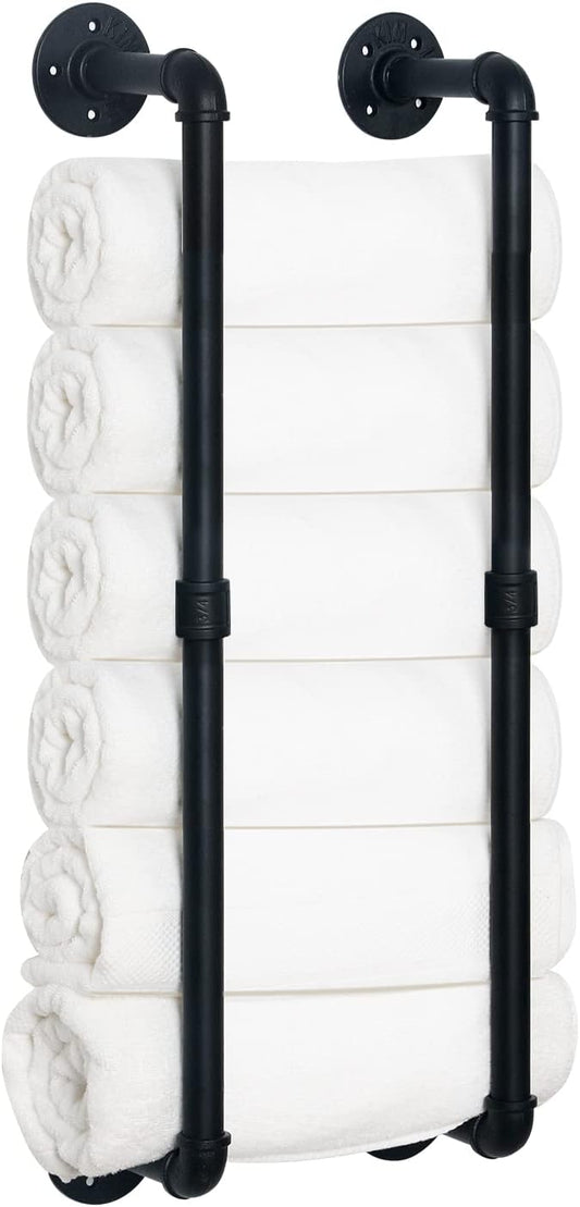 HouseAid Industrial Pipe Towel Rack, Farmhouse Bathroom Towel Storage Holder, Vintage Style Towel Organization, Wall Mounted, Matte Black