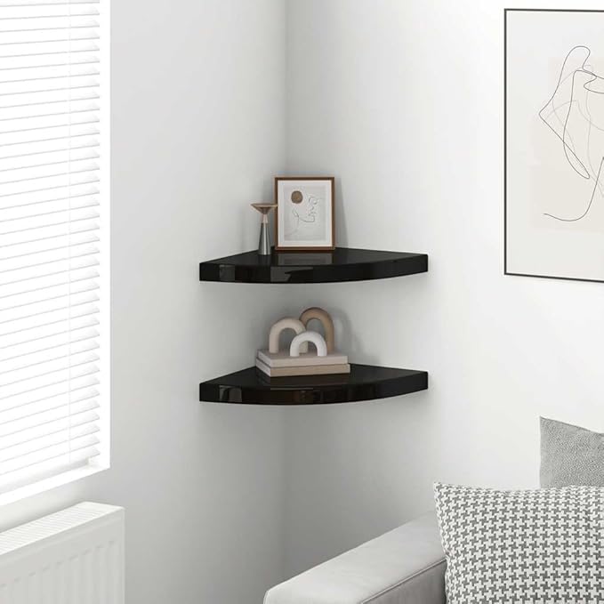Floating Corner Shelves Set of 2, High Gloss Black Wall Mounted Display Shelves for Living Room Bathroom, 13.8 Inch Modern Corner Shelf with Invisible Bracket, Sturdy MDF Metal for Decor Books Plants