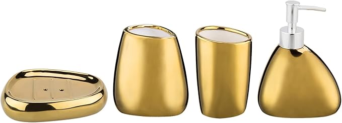 MyGift 4 Pcs Gold Bathroom Accessories Set with Toothbrush Holder, Soap Dispenser, Tumbler and Soap Dish, Bathroom Organizer Accessory for Modern Home Decor, Complete Ceramic