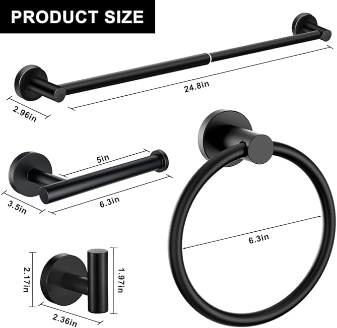 MGahyi 5 Pieces Bathroom Accessories Set, Stainless Bathroom Hardware Set, Extendable Towel Racks for Bathroom(12.8-24.8inch), Robe Towel Hooks Toilet Paper Holder Towel Ring (Black)