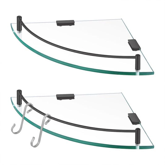 KES Bathroom Glass Corner Shelf Tempered Glass Shelf with Rail Wall Mount Corner Shelf SUS 304 Stainless Steel Matte Black 2 Pack, BGS2101A-BK-P2