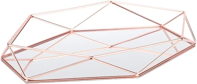 Organizer Tray,Makeup Organizer,Bathroom Sixangle Mirror Metal Gold Cosmetic Jewelry Storage Organizer Tray Box Plate for Makeup Brushes Perfume Lipsticks Nail Polish Makeup Holder(Rose Gold)