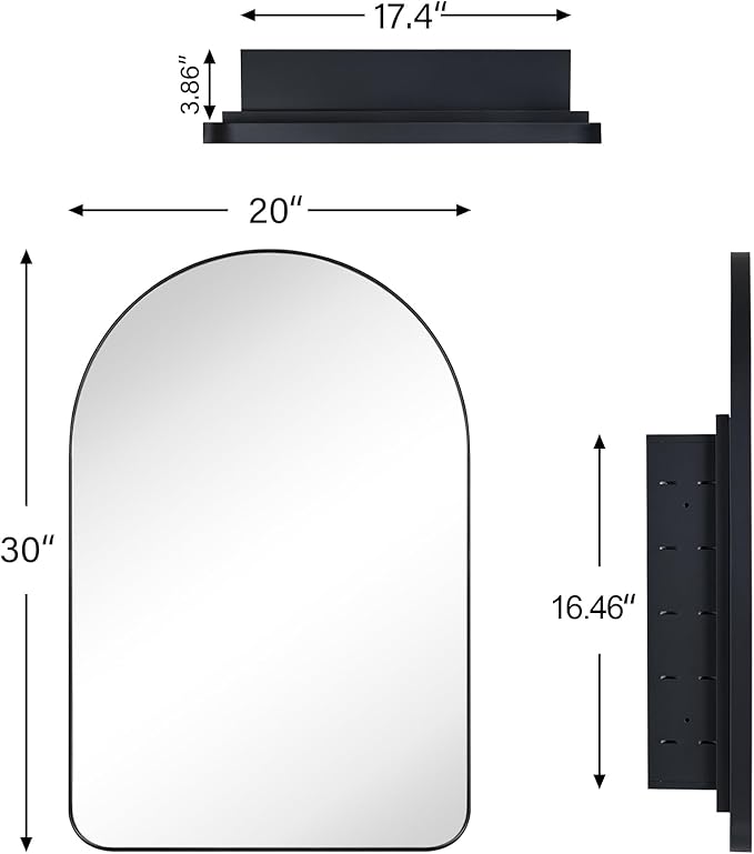 Matt Black Arched Recessed Bathroom Medicine Cabinet with Mirror Stainless Steel Metal Framed Rectangular Bathroom Cabinet with Mirror 20x30''