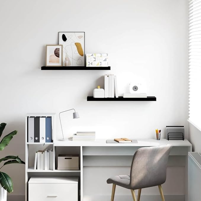 Set of 2 Floating Wall Shelves, 31.5 Inch Modern High-Gloss Black Display Ledge, Durable MDF Wood Storage Shelving for Bedroom, Living Room, and Office Decor
