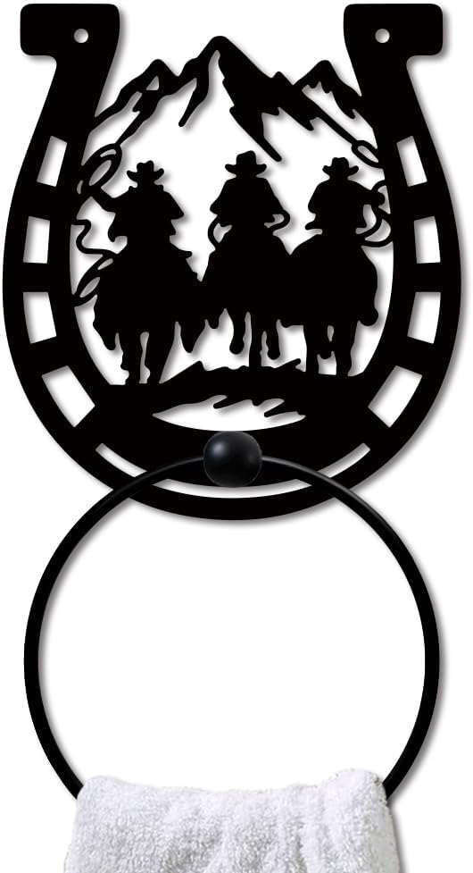 MAYJOYDIY Horseshoe Cowboy Metal Towel Ring Horse Towel Ring Black Art Towel Rack Wall Mounted Mountain Horseshoe Hand Towel Holder for Bathroom Kitchen Towel Hanger Home Decors Gift