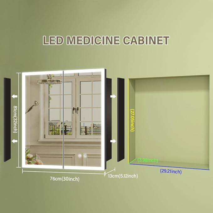 LED Medicine Cabinet,30x32inch,Recess Mirror Cabinet for Bathroom,3 Colors,Dimmable,Demister, Detachable Side Panel for Recess Mount or Surface Mount,USB Shaver Socket, Internal Lighting
