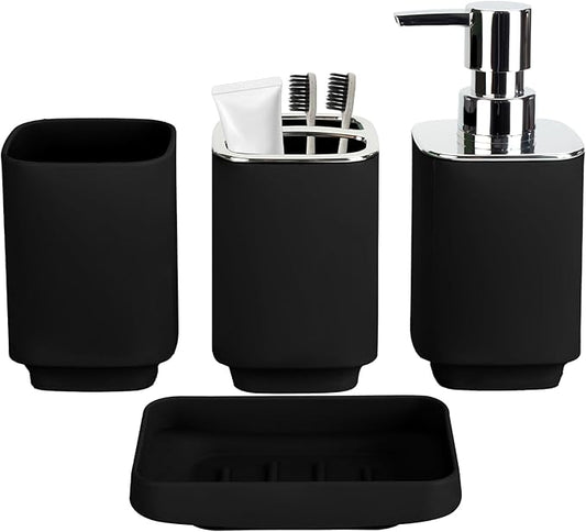 4Pack Bathroom Accessories Set, Bohemian Bathroom Sink Set, Contain Soap Dispenser, Toothbrush Holder, Soap Dish & Mouthwash Cup,Square soap and Toothbrush Holder Set