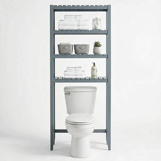 Over the Toilet Storage, 3-Tier Bamboo Bathroom Organizer with Adjustable Shelf, Space-Saving Rack, 66.9" Tall (Grey)